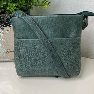 Jano Dave Greek Leather Creations Green Floral Embossed‎ Crossbody Bag Purse